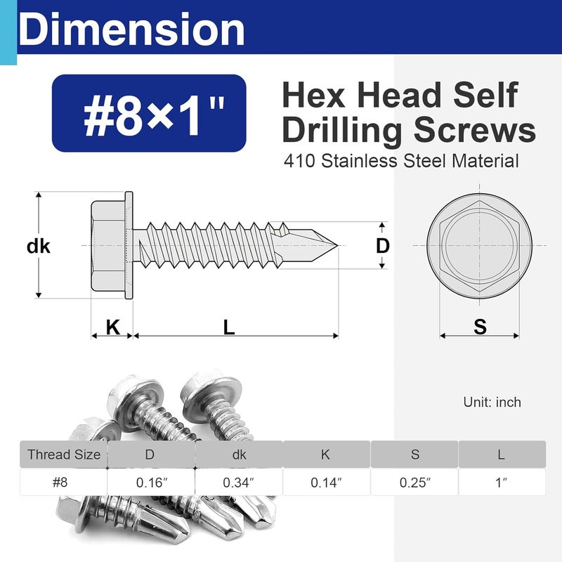 Usdrwam 100Pcs #8×1" Self Tapping Screws for Metal, 410 Stainless Steel Hex Washer Head Sheet Metal Screw - Image 2
